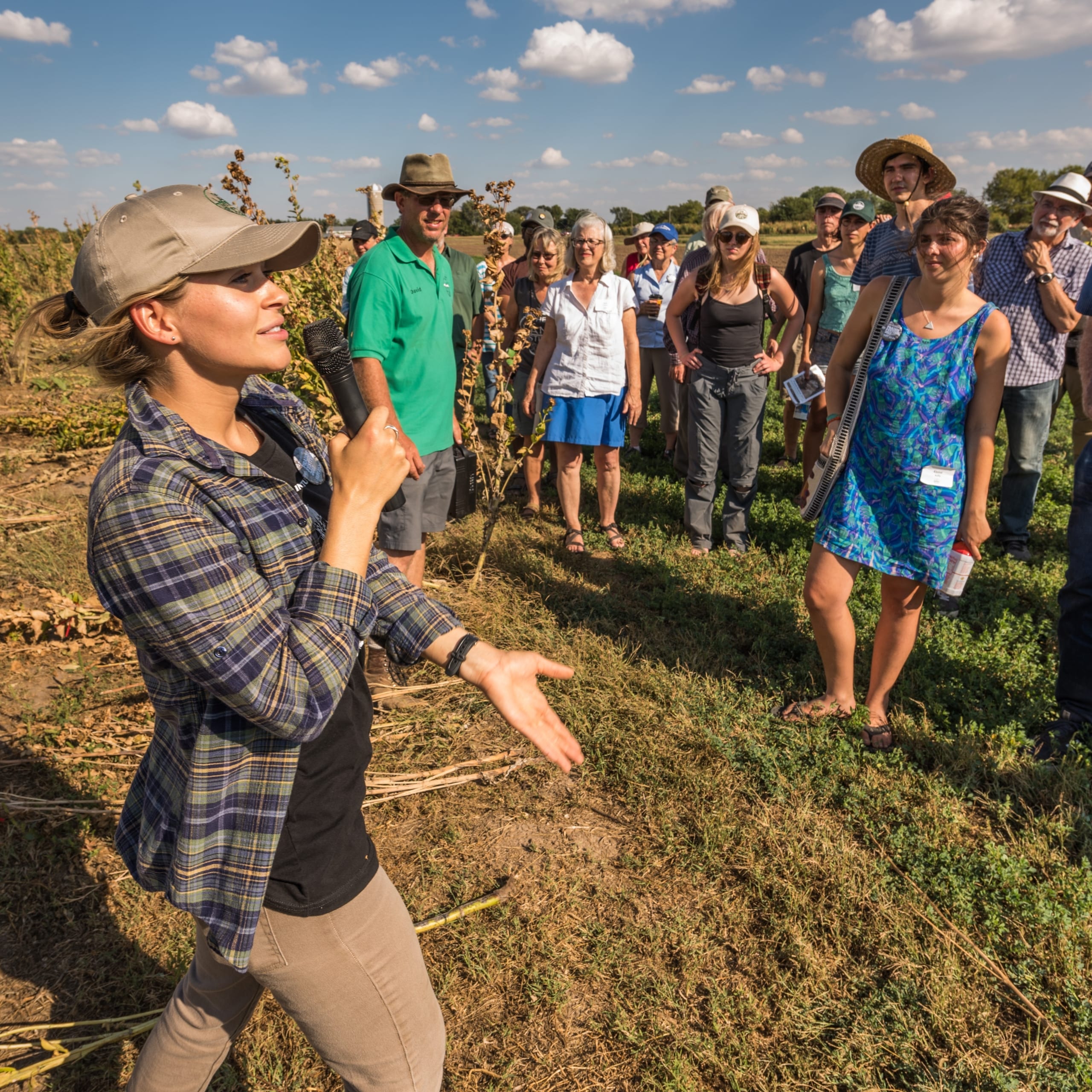 Land Institute intern Kelsey Peterson talks about perennial silphium research during a Prairie Festival field tour