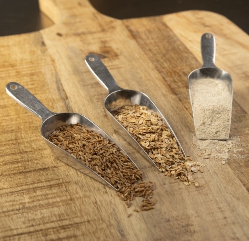 Three stages of Kernza seeds processed from whole to milled